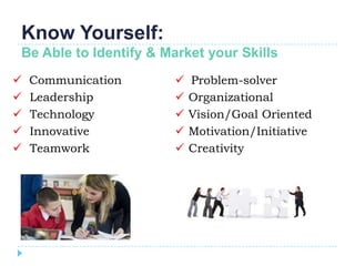 Know Yourself:
Be Able to Identify & Market your Skills
   Communication         Problem-solver
   Leadership         ...