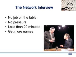 The Network Interview No job on the table No pressure Less than 20 minutes Get more names 