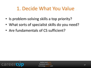 twitter.com/gayle
facebook.com/gayle
technologywoman.com
1. Decide What You Value
• Is problem-solving skills a top priority?
• What sorts of specialist skills do you need?
• Are fundamentals of CS sufficient?
17
 