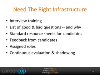twitter.com/gayle
facebook.com/gayle
technologywoman.com
Need The Right Infrastructure
• Interview training
• List of good & bad questions -- and why
• Standard resource sheets for candidates
• Feedback from candidates
• Assigned roles
• Continuous evaluation & shadowing
22
 