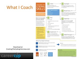 twitter.com/gayle
facebook.com/gayle
technologywoman.com
What I Coach
Download at:
CrackingTheCodingInterview.com
2
 