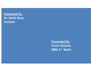 Presented To:
Dr. Sohel Rana
Lecturer
Presented By:
Imran Hossain
MBA 1st Batch
 