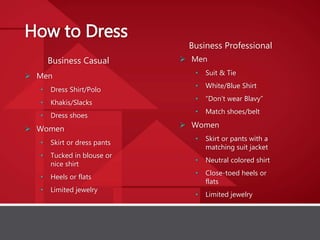 How to Dress
Business Casual
 Men
• Dress Shirt/Polo
• Khakis/Slacks
• Dress shoes
 Women
• Skirt or dress pants
• Tucked in blouse or
nice shirt
• Heels or flats
• Limited jewelry
Business Professional
 Men
• Suit & Tie
• White/Blue Shirt
• “Don’t wear Blavy”
• Match shoes/belt
 Women
• Skirt or pants with a
matching suit jacket
• Neutral colored shirt
• Close-toed heels or
flats
• Limited jewelry
 