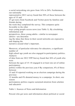 a social networking site grew from 14% to 26%. Furthermore,
our nationally
representative 2013 survey found that 50% of those between the
ages of 15 and
27 got news from Facebook and Twitter posts by families and
friends during
the week they completed the survey. This compares quite
favorably to the other
ways young people access news (see Table 1). By circulating
information and
perspectives, these young adults—similar to newspaper
editors—are determin-
ing the ideas that those in their social networks are exposed to
and shaping the
narrative around what’s important.
Moreover, of particular relevance for educators, a significant
number of
high school age youth are also engaged in participatory politics.
Analysis
of data from our 2013 YPP Survey found that 36% of youth who
were
between the ages of 15–18 engaged in at least one act of online
participatory
politics within the previous year.4 By comparison, 6% of those
between
15 and 18 reported working on an election campaign during the
previous
12 months and 4% donated money to a campaign. In short, one
reason
participatory politics require sustained attention from scholars
and educators
Table 1. Sources of News and Information
Percent who got news and information about political or social
 