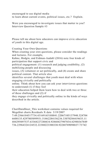 encouraged to use digital media
to learn about current events, political issues, etc.? Explain.
Were you encouraged to investigate issues that matter to you?
Interview Question Sample #3
Please tell me about how educators can improve civic education
of youth in this digital age.
Creating Your Own Questions
When creating your own questions, please consider the readings
and lectures. For example,
Kahne, Hodgin, and Eidman-Aadahl (2016) note four kinds of
participation that support civic and
political engagement: (1) research and judging credibility, (2)
mobilizing people and discussing
issues, (3) volunteer or act politically, and (4) create and share
political content. That article also
identifies several challenges that youth must deal with when
engaging civically and politically
online. Think about how you can ask your interviewee questions
to understand (1) if they feel
their education helped them learn how to deal with two or three
of these challenges and (2) if
they engage civically and politically online in the kinds of ways
described in the article.
ChartDataSheet_This worksheet contains values required for
MegaStat charts.Residuals X data 3/19/2007
7:49.2566184517734.43169165188841.22067105137940.324704
6608135.4297805099931.51862284156236.33070284419635.11
484295097537.63368227280834.92860427907034.82980367849
736.23964324124532.22380223300330.92288789098837.73742
 