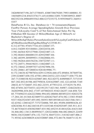 3426905457196.26713758451.4308738679205.79931400081.53
18456091234.85633376171.6514108613289.73389309921.8007
082352336.09044955562.0061237235372.51959396072.366911
5357
DataPastas R Us, Inc. Database (n = 74 restaurants)Square
FeetPer Person Average SpendingSales Growth Over Previous
Year (%)Loyalty Card % of Net SalesAnnual Sales Per Sq
FtMedian HH Income (3 Miles)Median Age (3 Miles)% w/
Bachelor's Degree (3
Miles)ObsSqFtSales/PersonSalesGrowth%LoyaltyCard%Sales/S
qFtMedIncomeMedAgeBachDeg%123546.81-
8.312.07701.974517734.431226047.57-
4.012.54209.935188841.220324536.89-
3.941.66364.925137940.324423407.13-
3.392.06443.046608135.429525007.04-
3.302.48399.205099931.518628066.93-
1.942.96264.644156236.330722507.11-
0.772.28571.594419635.114824007.13-
0.372.34642.255097537.633927096.58-
0.252.20461.457280834.9281019906.77-
0.172.34638.827907034.8291123926.660.472.09484.387849736.
2391224087.030.552.47581.094124532.2231326277.030.772.04
267.713300330.9221425007.001.922.02572.849098837.7371519
867.382.052.01586.483795034.3241625007.182.122.64368.7345
20632.4171726687.352.842.22351.477931232.1371825176.952.
882.07458.243734531.4221912517.023.961.94987.124622630.4
362029986.854.042.17357.457002433.9342126257.164.050.724
05.775498235.6262223006.994.052.00680.805493235.92023276
17.284.241.81368.023409733.6202427647.074.582.13303.95465
9337.9262524307.055.092.50393.905189340.6212621546.545.1
42.63562.128816237.7372724006.705.481.95494.888901636.43
42824306.915.862.04310.0711435340.9342925497.585.911.413
73.467536635.0303025007.035.982.05235.814816326.41631365
36.846.082.13413.084995637.1283224406.946.082.08625.22459
9030.3363326007.076.132.73274.304572331.3183421607.006.2
71.95542.624380029.6363528007.086.572.04178.566871132.91
 