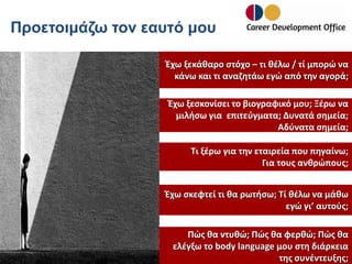 Προετοιμάζω τον εαυτό μου
Έχω ξεκάθαρο στόχο – τι θέλω / τί μπορώ να
κάνω και τι αναζητάω εγώ από την αγορά;
Έχω ξεσκονίσει το βιογραφικό μου; Ξέρω να
μιλήσω για επιτεύγματα; Δυνατά σημεία;
Αδύνατα σημεία;

Τι ξέρω για την εταιρεία που πηγαίνω;
Για τους ανθρώπους;
Έχω σκεφτεί τι θα ρωτήσω; Τί θέλω να μάθω
εγώ γι’ αυτούς;

Πώς θα ντυθώ; Πώς θα φερθώ; Πώς θα
ελέγξω το body language μου στη διάρκεια
της συνέντευξης;

 