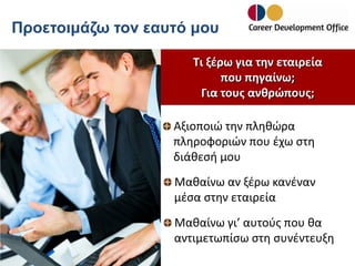 Προετοιμάζω τον εαυτό μου
Τι ξέρω για την εταιρεία
που πηγαίνω;
Για τους ανθρώπους;
Αξιοποιώ την πληθώρα
πληροφοριών που έχω στη
διάθεσή μου
Μαθαίνω αν ξέρω κανέναν
μέσα στην εταιρεία
Μαθαίνω γι’ αυτούς που θα
αντιμετωπίσω στη συνέντευξη

 