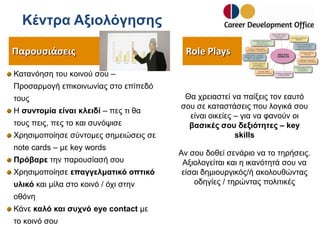 Κέντρα Αξιολόγησης
Παρουσιάσεις

Role Plays

Κατανόηση του κοινού σου –
Προσαρμογή επικοινωνίας στο επίπεδό

τους
Η συντομία είναι κλειδί – πες τι θα
τους πεις, πες το και συνόψισε
Χρησιμοποίησε σύντομες σημειώσεις σε

note cards – με key words
Πρόβαρε την παρουσίασή σου
Χρησιμοποίησε επαγγελματικό οπτικό
υλικό και μίλα στο κοινό / όχι στην
οθόνη
Κάνε καλό και συχνό eye contact με
το κοινό σου

Θα χρειαστεί να παίξεις τον εαυτό
σου σε καταστάσεις που λογικά σου
είναι οικείες – για να φανούν οι
βασικές σου δεξιότητες – key
skills
Αν σου δοθεί σενάριο να το τηρήσεις.
Αξιολογείται και η ικανότητά σου να
είσαι δημιουργικός/ή ακολουθώντας
οδηγίες / τηρώντας πολιτικές

 