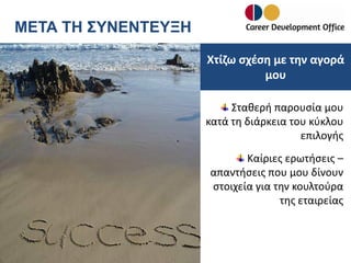 ΜΕΤΑ ΤΗ ΣΥΝΕΝΤΕΥΞΗ
Χτίζω σχέση με την αγορά
μου
Σταθερή παρουσία μου
κατά τη διάρκεια του κύκλου
επιλογής

Καίριες ερωτήσεις –
απαντήσεις που μου δίνουν
στοιχεία για την κουλτούρα
της εταιρείας

 