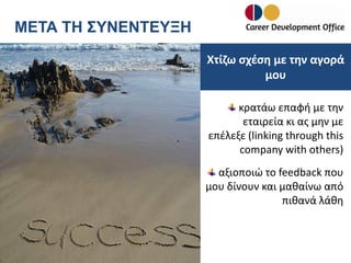 ΜΕΤΑ ΤΗ ΣΥΝΕΝΤΕΥΞΗ
Χτίζω σχέση με την αγορά
μου
κρατάω επαφή με την
εταιρεία κι ας μην με
επέλεξε (linking through this
company with others)
αξιοποιώ το feedback που
μου δίνουν και μαθαίνω από
πιθανά λάθη

 