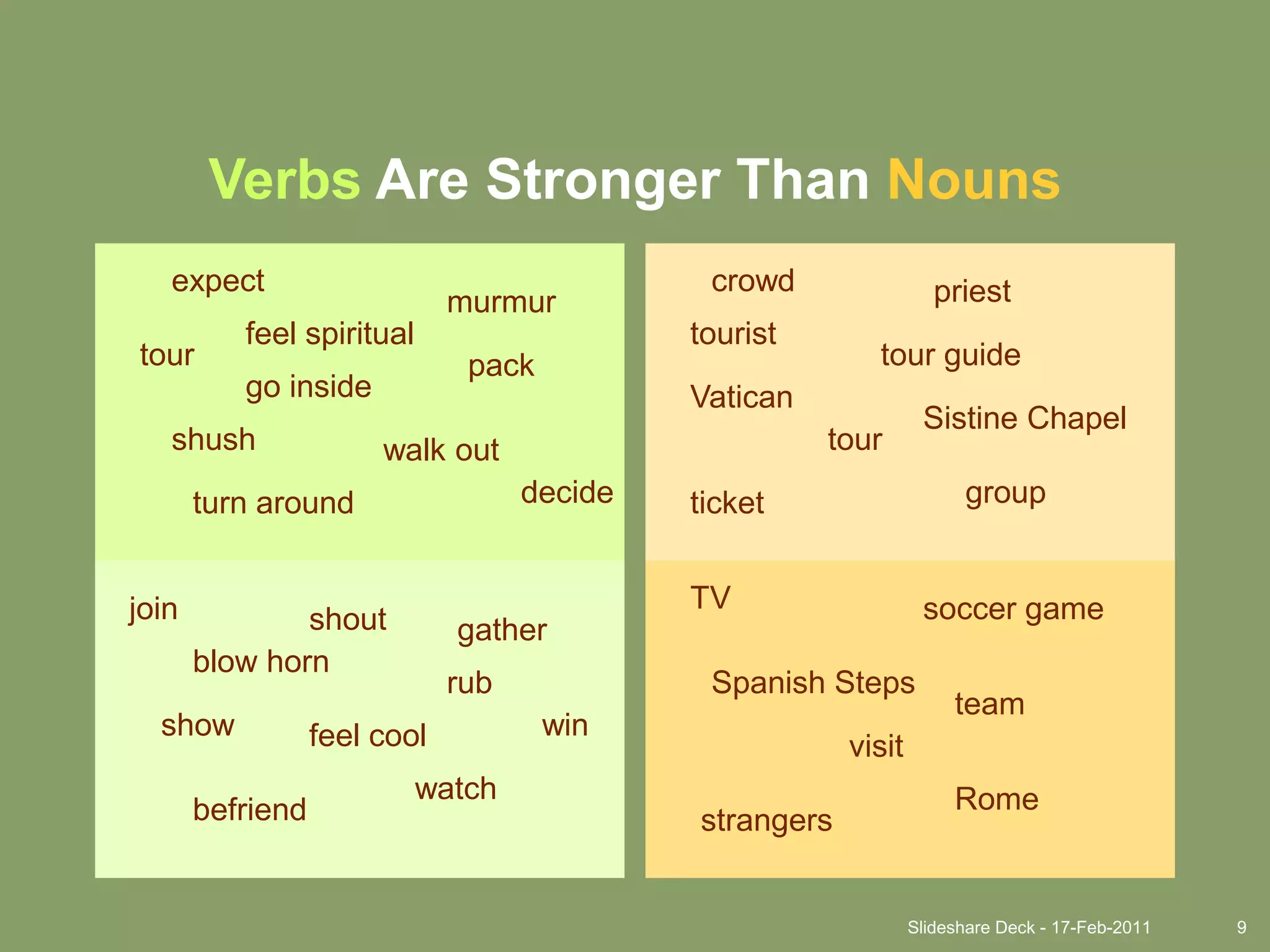 Slideshare Deck - 17-Feb-20119Verbs Are Stronger Than Nounscrowdexpectpriestmurmurtouristfeel spiritualtour guidetourpackgo insideVaticanSistine Chapeltourshushwalk outgroupdecideticketturn aroundTVsoccer gamejoinshoutgatherblow hornSpanish Stepsrubteamshowwinfeel coolvisitwatchRomebefriendstrangers