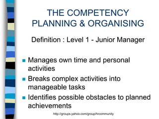 THE COMPETENCY
PLANNING & ORGANISING
Definition : Level 1 - Junior Manager






Manages own time and personal
activities
Breaks complex activities into
manageable tasks
Identifies possible obstacles to planned
achievements
http://groups.yahoo.com/group/hrcommunity

 