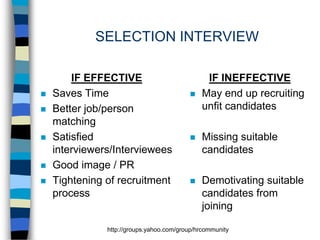 SELECTION INTERVIEW









IF EFFECTIVE
Saves Time
Better job/person
matching
Satisfied
interviewers/Interviewees
Good image / PR
Tightening of recruitment
process



IF INEFFECTIVE
May end up recruiting
unfit candidates



Missing suitable
candidates



Demotivating suitable
candidates from
joining

http://groups.yahoo.com/group/hrcommunity

 