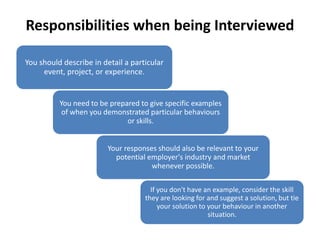 Responsibilities when being Interviewed

You should describe in detail a particular
     event, project, or experience.


          You need to be prepared to give specific examples
           of when you demonstrated particular behaviours
                              or skills.


                         Your responses should also be relevant to your
                           potential employer's industry and market
                                      whenever possible.

                                      If you don't have an example, consider the skill
                                    they are looking for and suggest a solution, but tie
                                         your solution to your behaviour in another
                                                          situation.
 