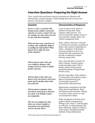 Interview Questions–Preparing the Right Answer
These sample behavioral-based interview questions are followed with
characteristics of good responses. Think through and write out your own
answers with specific examples.
*Information taken from Behavioral Technology, Inc.
Career Planning 9
Interview Techniques
Characteristics of Response
Cope through positive action or
problem solving skills. Show
calmness under pressure. Use
criticism and other negative results to
learn and show change. Show your
conflict management skills.
Show comfort with lack of structure
or creating own structure, accepting of
delays, and comfort in depending on
others—delegation. If frustration
occurred, comment on how you
learned from this experience and
provide an additional example
showing coping skills.
Firm, clear directions. Concern for
other’s feelings. Socially mature—
tactful and makes point. Able to
handle conflict arising around
misunderstanding or disagreement.
Positive result.
Specific target dates. Takes initiative
in setting goals. Description of steps
taken to accomplish the goal.
Learning that occurred if
unsuccessful. Self-motivation.
Demonstrate commitment with high
effort and accomplishment. Show
self-direction and motivation. Willing
to sacrifice. Show success or what
was learned from failure.
Public recognition in the form of an
award or special comment given.
Willing to ask “what if” and risk going
on with idea. Use brainstorming with
others effectively. Impact of creativity
on the project. Strength beyond the
initiation of idea-development.
Question
Sooner or later we all deal with
interpersonal conflict or personal
rejection at work or school. Give me
an example of a time when you had
to cope with these demands.
What has been your experience in
working with conflicting, delayed
or ambiguous information? What
did you do to make the most
of the situation?
Tell me about a time when you
were willing to disagree with
another person in order to build a
positive outcome.
Tell me about a time when you
had to work very hard to reach your
goals and be specific about what
you achieved.
Tell me about a situation when
you had to stand up for a decision
you made even though it made
you unpopular.
Give me an example of a time
when one of your insights or
innovations was particularly
well-received by others.
 