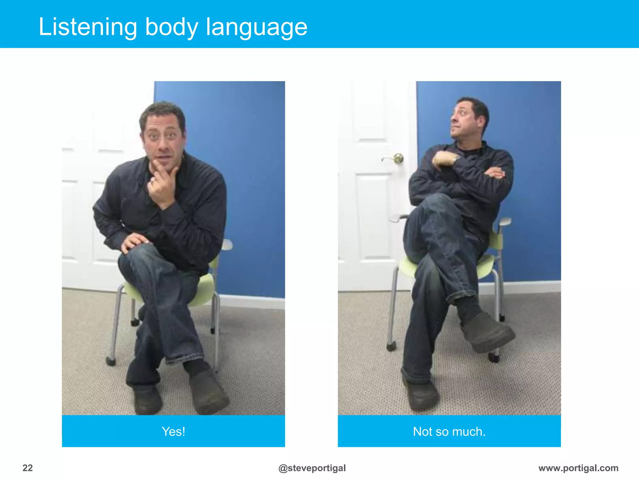Click to edit Master title style
www.portigal.com22 @steveportigal
Listening body language
Yes! Not so much.
 