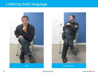 Click to edit Master title style
www.portigal.com22 @steveportigal
Listening body language
Yes! Not so much.
 