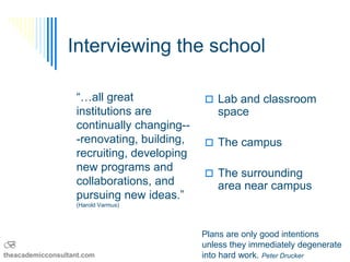 Interviewing the school

                   “…all great               Lab and classroom
                   institutions are            space
                   continually changing--
                   -renovating, building,    The campus
                   recruiting, developing
                   new programs and
                                             The surrounding
                   collaborations, and         area near campus
                   pursuing new ideas.”
                   (Harold Varmus)




                                            Plans are only good intentions
B                                           unless they immediately degenerate
theacademicconsultant.com                   into hard work. Peter Drucker
 