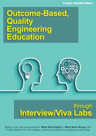 Outcome-Based,
Quality
Engineering
Education
through
Interview/Viva Labs
An Espoir Worldwide Initiative
Based on the root-cause analyse of ‘What Went Right’ & ‘What Went Wrong’ with
37,000 students from 247 colleges, teachers & (prospective) employers across India.
 