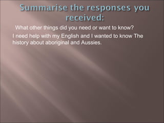 What other things did you need or want to know?  I need help with my English and I wanted to know The history about aboriginal and Aussies. 