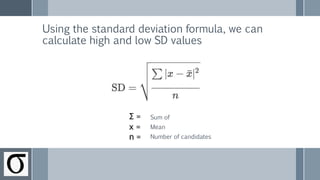 Using the standard deviation formula, we can
calculate high and low SD values
Sum of
Mean
Number of candidates
 