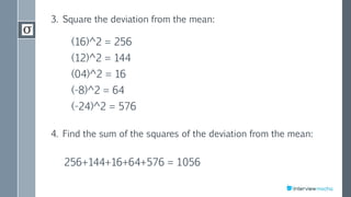 3. Square the deviation from the mean:
(16)^2 = 256
(12)^2 = 144
(04)^2 = 16
(-8)^2 = 64
(-24)^2 = 576
4. Find the sum of the squares of the deviation from the mean:
256+144+16+64+576 = 1056
 