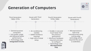 Generation of Computers
o General purpose
computers
o Less power usage
and delivered better
performance
o Technology used
Integrated Circuits
o Air conditioning
needed
o Skilled workforce
required
o High cost of initial
setup
o Smaller in size and
much faster than
the previous
generations
o Minimum hardware
required and easy
to configure
o Technology used
Microprocessor
chip
o Microprocessors
had to be
manufactured using
cutting-edge
technology which
required the use of
a cooler(fan).
Third Generation
1960s-1970s
Issues with Third
Generation
Fourth Generation
1970s-1980s
Issues with Fourth
Generations
 