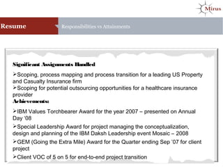 Resume Responsibilities vs Attainments
Significant Assignments Handled
Scoping, process mapping and process transition for a leading US Property
and Casualty Insurance firm
Scoping for potential outsourcing opportunities for a healthcare insurance
provider
Achievements:
IBM Values Torchbearer Award for the year 2007 – presented on Annual
Day ‘08
Special Leadership Award for project managing the conceptualization,
design and planning of the IBM Daksh Leadership event Mosaic – 2008
GEM (Going the Extra Mile) Award for the Quarter ending Sep ’07 for client
project
Client VOC of 5 on 5 for end-to-end project transition
 