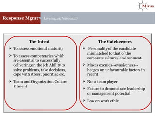 Response Mgmt Leveraging Personality
The Intent
 To assess emotional maturity
 To assess competencies which
are essential to successfully
delivering on the job Ability to
solve problems, take decisions,
cope with stress, prioritize etc.
 Team and Organization Culture
Fitment
The Gatekeepers
 Personality of the candidate
mismatched to that of the
corporate culture/ environment.
 Makes excuses--evasiveness--
hedges on unfavourable factors in
record
 Not a team player
 Failure to demonstrate leadership
or management potential
 Low on work ethic
 
