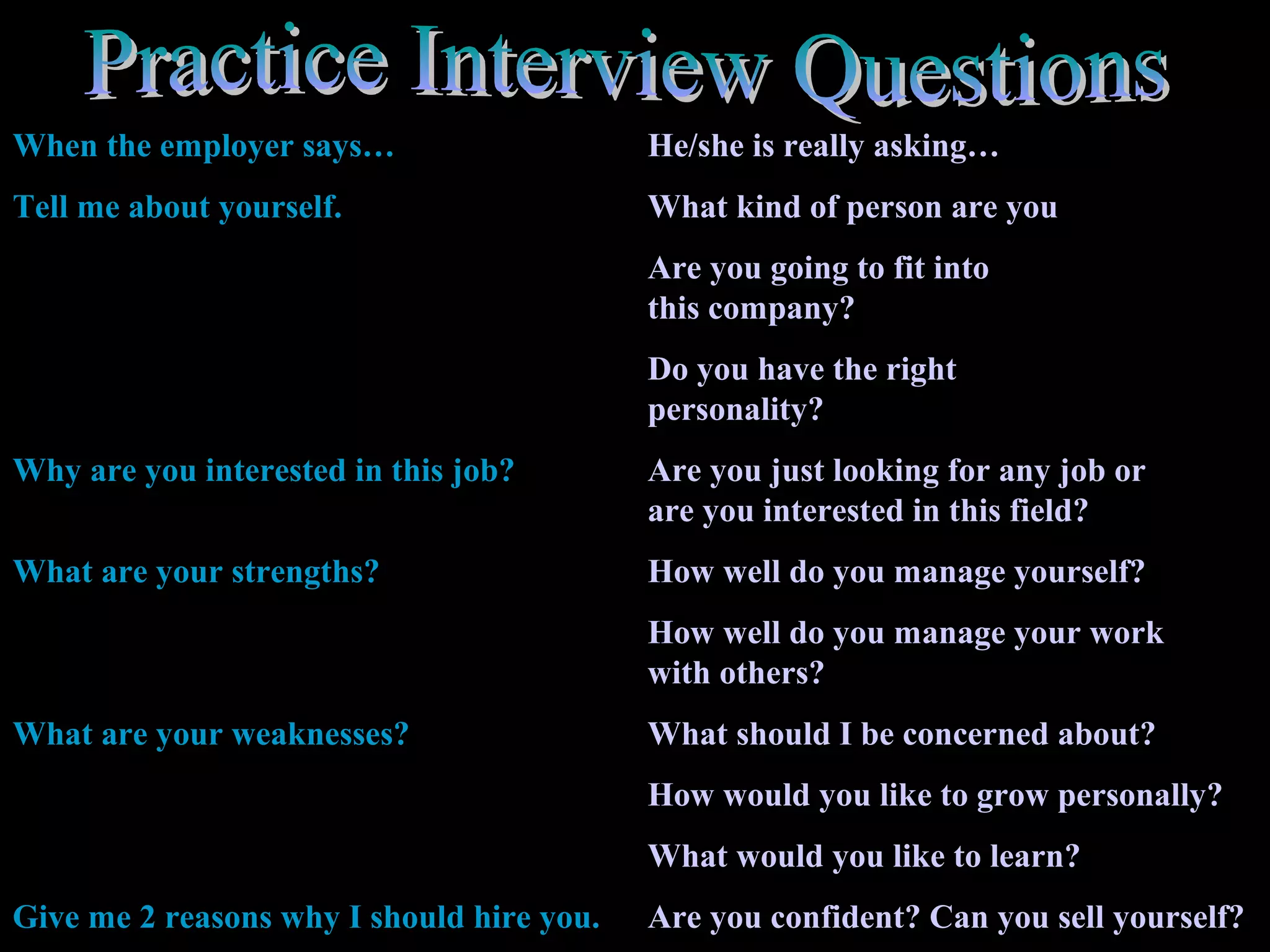 When the employer says… He/she is really asking…
Tell me about yourself. What kind of person are you
Are you going to fit into
this company?
Do you have the right
personality?
Why are you interested in this job? Are you just looking for any job or
are you interested in this field?
What are your strengths? How well do you manage yourself?
How well do you manage your work
with others?
What are your weaknesses? What should I be concerned about?
How would you like to grow personally?
What would you like to learn?
Give me 2 reasons why I should hire you. Are you confident? Can you sell yourself?
 