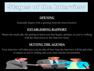 OPENING
Generally begins with a greeting from the interviewer(s).
ESTABLISHING RAPPORT
Means the small talk, the getting-to-know-you that begins, perhaps, as you’re walking
with the interviewer to the interview room.
SETTING THE AGENDA
Your interview will often give you an idea of how long the interview will be and what
to expect as you’re settling into your chair and the environment.
 