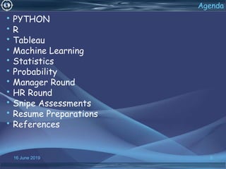 16 June 2019 3
Agenda
• PYTHON
• R
• Tableau
• Machine Learning
• Statistics
• Probability
• Manager Round
• HR Round
• Snipe Assessments
• Resume Preparations
• References
 
