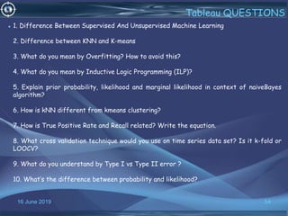 16 June 2019 54
Tableau QUESTIONS
• 1. Difference Between Supervised And Unsupervised Machine Learning
2. Difference between KNN and K-means
3. What do you mean by Overfitting? How to avoid this?
4. What do you mean by Inductive Logic Programming (ILP)?
5. Explain prior probability, likelihood and marginal likelihood in context of naiveBayes
algorithm?
6. How is kNN different from kmeans clustering?
7. How is True Positive Rate and Recall related? Write the equation.
8. What cross validation technique would you use on time series data set? Is it k-fold or
LOOCV?
9. What do you understand by Type I vs Type II error ?
10. What’s the difference between probability and likelihood?
 