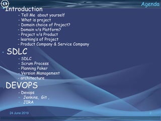 24 June 2019 2
Agenda
•Introduction
- Tell Me about yourself
- What is project
- Domain choice of Project?
- Domain v/s Platform?
- Project v/s Product
- learning’s of Project
- Product Company & Service Company
• SDLC
- SDLC
- Scrum Process
- Planning Poker
- Version Management
- architecture
. DEVOPS
- Devops
- Jenkins, Git ,
- JIRA
 