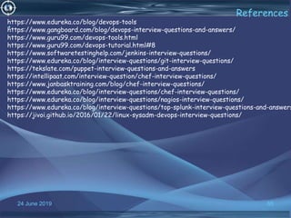 24 June 2019 65
References
•
https://www.edureka.co/blog/devops-tools
https://www.gangboard.com/blog/devops-interview-questions-and-answers/
https://www.guru99.com/devops-tools.html
https://www.guru99.com/devops-tutorial.html#8
https://www.softwaretestinghelp.com/jenkins-interview-questions/
https://www.edureka.co/blog/interview-questions/git-interview-questions/
https://tekslate.com/puppet-interview-questions-and-answers
https://intellipaat.com/interview-question/chef-interview-questions/
https://www.janbasktraining.com/blog/chef-interview-questions/
https://www.edureka.co/blog/interview-questions/chef-interview-questions/
https://www.edureka.co/blog/interview-questions/nagios-interview-questions/
https://www.edureka.co/blog/interview-questions/top-splunk-interview-questions-and-answers
https://jivoi.github.io/2016/01/22/linux-sysadm-devops-interview-questions/
 