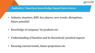 Industry/ function knowledge based interviews
• Industry structure, KSF, key players, new trends, disruptions,
future potential
• Knowledge of company/ its products etc.
• Understanding of function and its theoretical/ practical aspects
• Knowing current trends, future projections etc.
 