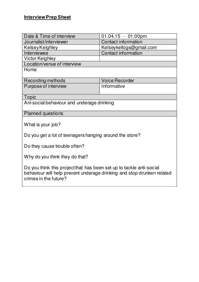 Radio Story Interview prep sheet