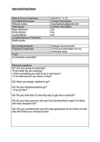 Interview Prep Sheet
Date & Time of interview 30/04/15 11:10
Journalist/interviewer Contact information
Shauna Leacy shaunaeleacy@gmail.com
Interviewee Contact information
Ryan Sharman
Emily Aldred
Louise Maher
n/a
n/a
n/a
Location/venue of interview
Radio studio
Recording methods College voice recorder
Purpose of interview To find out information on my
University story
Topic
Is University essential?
Planned questions
Q1: Are you going to university?
-If yes what are you studying
-is this something you want to do in the future?
- if no what else do you have in mind?
Q2: Have you always wanted to go?
Q3: Do you feelpressured to go?
- If so by who?
Q4: Do you think that it’s the only way to get into a solid job?
Q5: Do you know anyone who went but decided that it wasn’t for them
and have dropped out?
Q6: Are you confidentthat you will enjoy going and do you think you will
stay and finish your chosen course
 