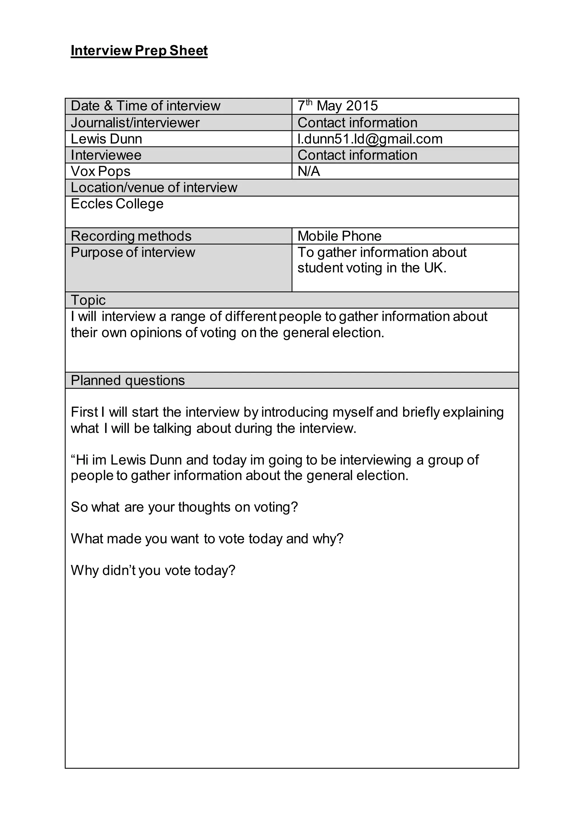 Interview Prep Sheet
Date & Time of interview 7th
May 2015
Journalist/interviewer Contact information
Lewis Dunn l.dunn51.ld@gmail.com
Interviewee Contact information
Vox Pops N/A
Location/venue of interview
Eccles College
Recording methods Mobile Phone
Purpose of interview To gather information about
student voting in the UK.
Topic
I will interview a range of differentpeople to gather information about
their own opinions of voting on the general election.
Planned questions
First I will start the interview by introducing myself and briefly explaining
what I will be talking about during the interview.
“Hi im Lewis Dunn and today im going to be interviewing a group of
people to gather information about the general election.
So what are your thoughts on voting?
What made you want to vote today and why?
Why didn’t you vote today?