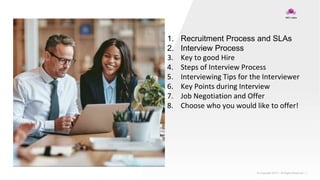© Copyright 2019 | All Rights Reserved | 1
1. Recruitment Process and SLAs
2. Interview Process
3. Key to good Hire
4. Steps of Interview Process
5. Interviewing Tips for the Interviewer
6. Key Points during Interview
7. Job Negotiation and Offer
8. Choose who you would like to offer!
 