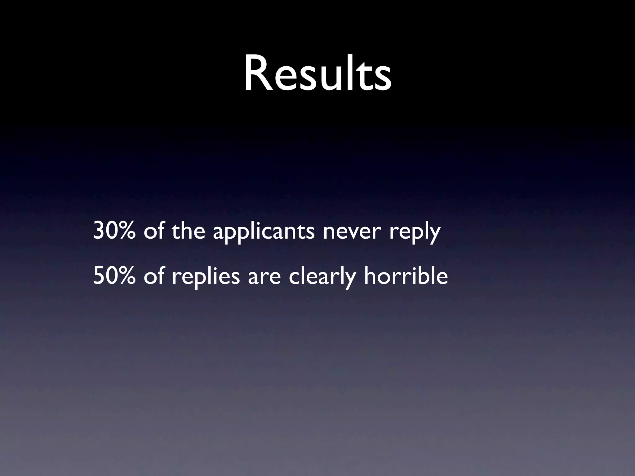 Results

30% of the applicants never reply
50% of replies are clearly horrible
 
