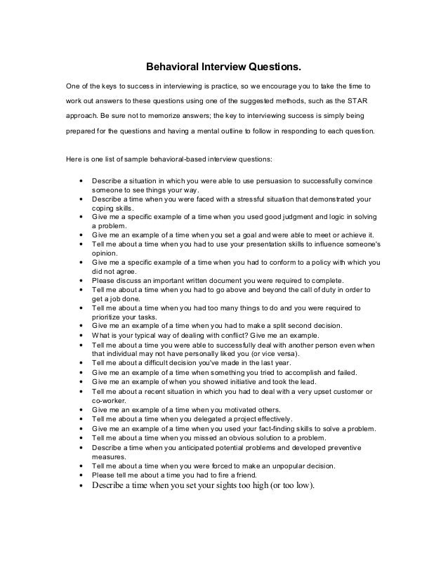 examples of behavioral based interview questions