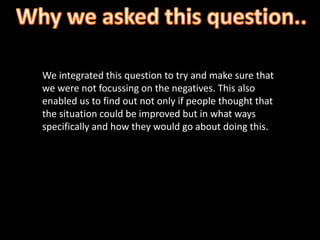 We integrated this question to try and make sure that
we were not focussing on the negatives. This also
enabled us to find out not only if people thought that
the situation could be improved but in what ways
specifically and how they would go about doing this.
 