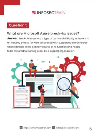 https://www.infosectrain.com sales@infosectrain.com
6
Answer: Break-fix issues are a type of technical difficulty in Azure. It is
an industry phrase for work associated with supporting a technology
when it breaks in the ordinary course of its function and needs
to be restored to working order by a support organization.
Question 5
What are Microsoft Azure break-fix issues?
 