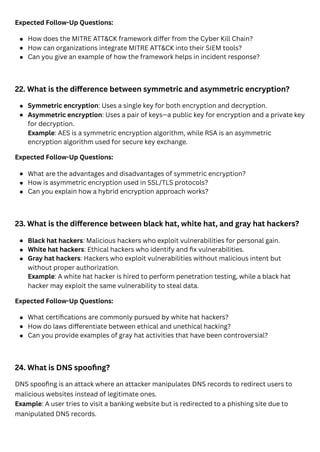 Expected Follow-Up Questions:
22. What is the difference between symmetric and asymmetric encryption?
Expected Follow-Up Questions:
23. What is the difference between black hat, white hat, and gray hat hackers?
Expected Follow-Up Questions:
24. What is DNS spoofing?
DNS spoofing is an attack where an attacker manipulates DNS records to redirect users to
malicious websites instead of legitimate ones.
Example: A user tries to visit a banking website but is redirected to a phishing site due to
manipulated DNS records.
How does the MITRE ATT&CK framework differ from the Cyber Kill Chain?
How can organizations integrate MITRE ATT&CK into their SIEM tools?
Can you give an example of how the framework helps in incident response?
Symmetric encryption: Uses a single key for both encryption and decryption.
Asymmetric encryption: Uses a pair of keys—a public key for encryption and a private key
for decryption.
Example: AES is a symmetric encryption algorithm, while RSA is an asymmetric
encryption algorithm used for secure key exchange.
What are the advantages and disadvantages of symmetric encryption?
How is asymmetric encryption used in SSL/TLS protocols?
Can you explain how a hybrid encryption approach works?
Black hat hackers: Malicious hackers who exploit vulnerabilities for personal gain.
White hat hackers: Ethical hackers who identify and fix vulnerabilities.
Gray hat hackers: Hackers who exploit vulnerabilities without malicious intent but
without proper authorization.
Example: A white hat hacker is hired to perform penetration testing, while a black hat
hacker may exploit the same vulnerability to steal data.
What certifications are commonly pursued by white hat hackers?
How do laws differentiate between ethical and unethical hacking?
Can you provide examples of gray hat activities that have been controversial?
 