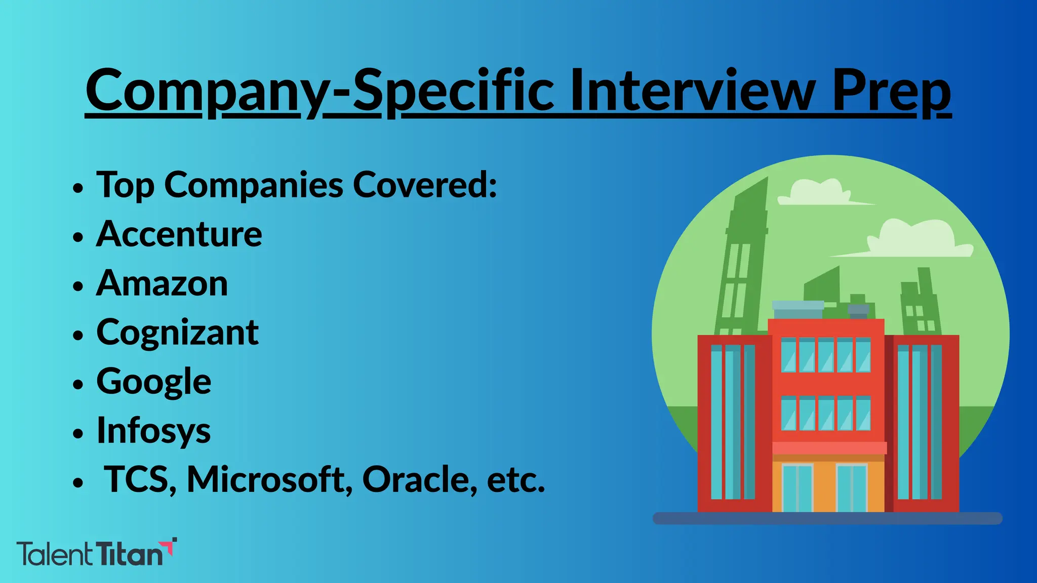 Top Companies Covered:
Accenture
Amazon
Cognizant
Google
Infosys
TCS, Microsoft, Oracle, etc.
Company-Specific Interview Prep
 