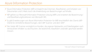 06.12.20 14
Azure Information Protection
ü Azure Information Protection (AIP) ermöglicht das Erkennen, Klassifizieren und Schützen von
Dokumenten und E-Mails durch die Anwendung von Bezeichnungen auf Inhalte.
ü AIP gehört zur Microsoft Information Protection-Lösung (MIP) und erweitert die Bezeichnungs-
und Klassifizierungsfunktionen von Microsoft 365.
ü Es gibt Erweiterungen von Azure Information Protection für MIP, einschließlich des Clients (AIP-
Client) für einheitliche Bezeichnungen, dem AIP-Scanner und dem SDK*.
ü Der lokale AIP-Scanner ermöglicht es Kunden, die eigenen Netzwerke und Dateifreigaben nach
vertraulichen Inhalten zu durchsuchen, die bezeichnet, klassifiziert und/oder geschützt werden
müssen.
* Microsoft Software-Entwicklungskit
 