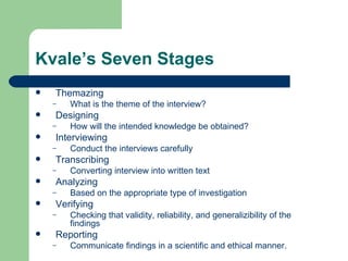 Kvale’s Seven Stages  Themazing What is the theme of the interview? Designing How will the intended knowledge be obtained? Interviewing Conduct the interviews carefully Transcribing Converting interview into written text Analyzing Based on the appropriate type of investigation Verifying Checking that validity, reliability, and generalizibility of the findings Reporting Communicate findings in a scientific and ethical manner. 