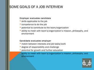 SOME GOALS OF A JOB INTERVIEW


     Employer evaluates candidate
      skills applicable to the job
      competence to do the job
      potential to contribute to the team/organization
      ability to mesh with team’s/organization’s mission, philosophy, and
       environment


     Candidate evaluates employer
      match between interests and job tasks/work
      degree of responsibility and challenge
      potential for growth and further education
      ability to mesh with team’s/organization’s mission, philosophy, and
       environment
 